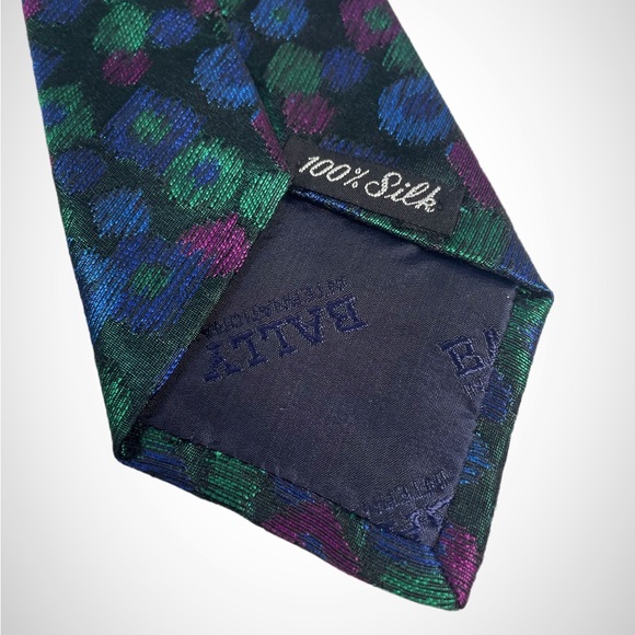 Men’s BALLY Switzerland Multicolor Green / Blue Abstract 100% Silk Neck Tie 60” - Picture 5 of 5